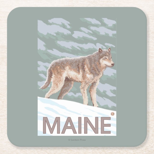 MaineWolf Scene Square Paper Coaster (Front)