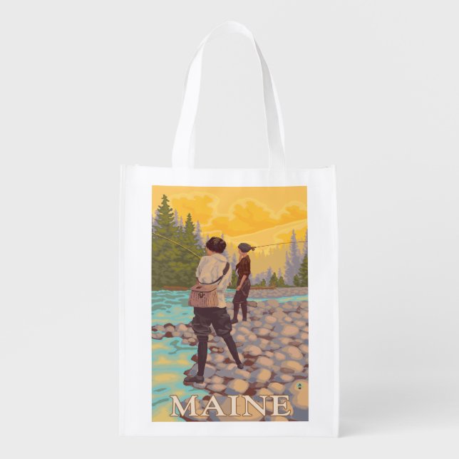 MaineWomen Fly Fishing Scene Reusable Grocery Bag (Front)
