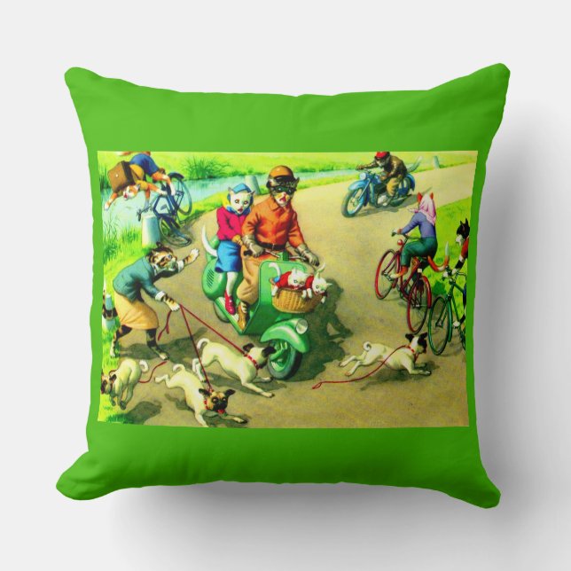 Mainzer cats on motorcycles and bikes throw pillow (Front)