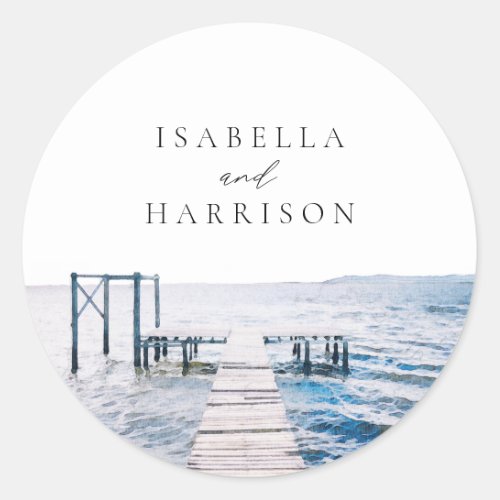 MAIRI Lake Pier Destination Watercolor Wedding Classic Round Sticker