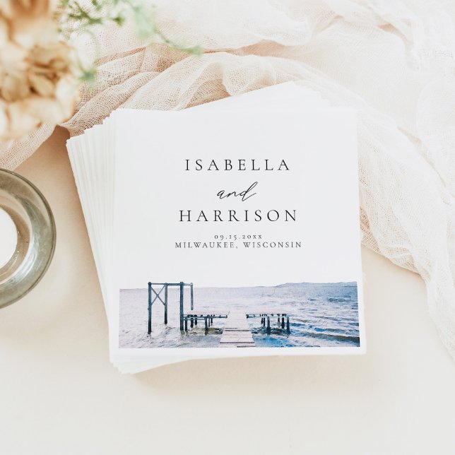 MAIRI Lake Pier Destination Watercolor Wedding Napkins (Creator Uploaded)