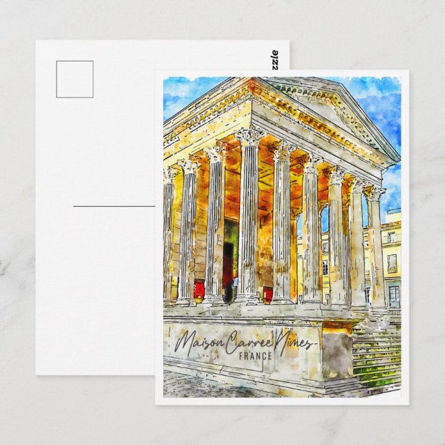 Maison Carree Nimes France Travel Place Watercolor Postcard (Front/Back)