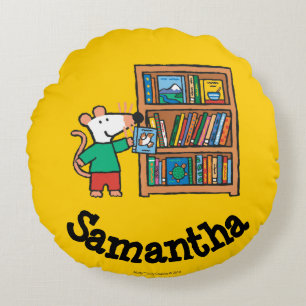 Maisy and a Bookshelf of Books Round Pillow