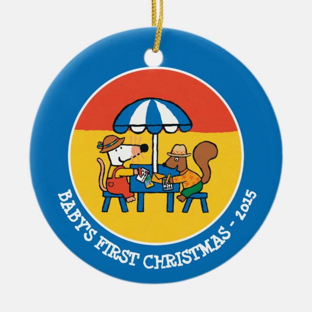 Maisy Writes Postcards under Blue Umbrella Ceramic Ornament (Front)