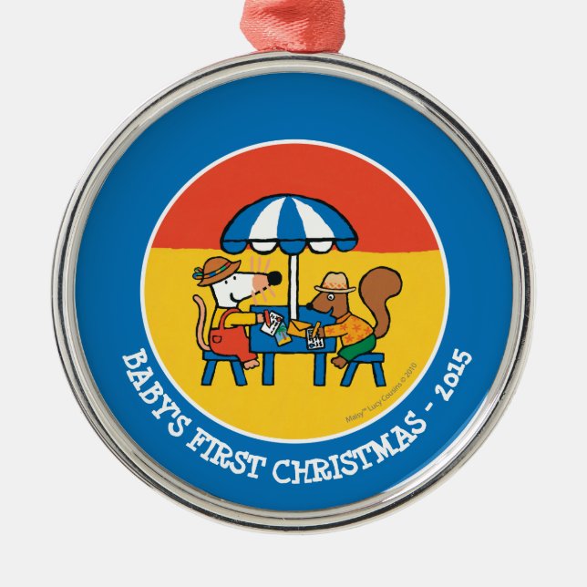 Maisy Writes Postcards under Blue Umbrella Metal Ornament (Front)