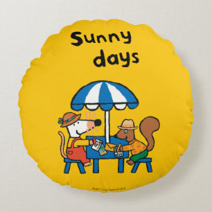 Maisy Writes Postcards under Blue Umbrella Round Pillow
