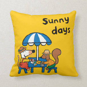 Maisy Writes Postcards under Blue Umbrella Throw Pillow