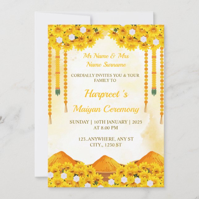 Maiyan Ceremony Invitation Card, Haldi Card (Front)