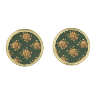 Maize Gold Peony on Deep Forest Green Floral Cufflinks