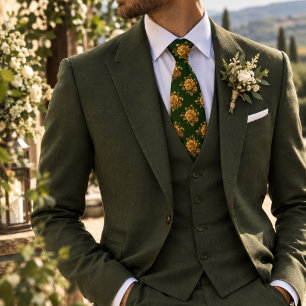 Maize Gold Peony on Deep Forest Green Floral Neck Tie