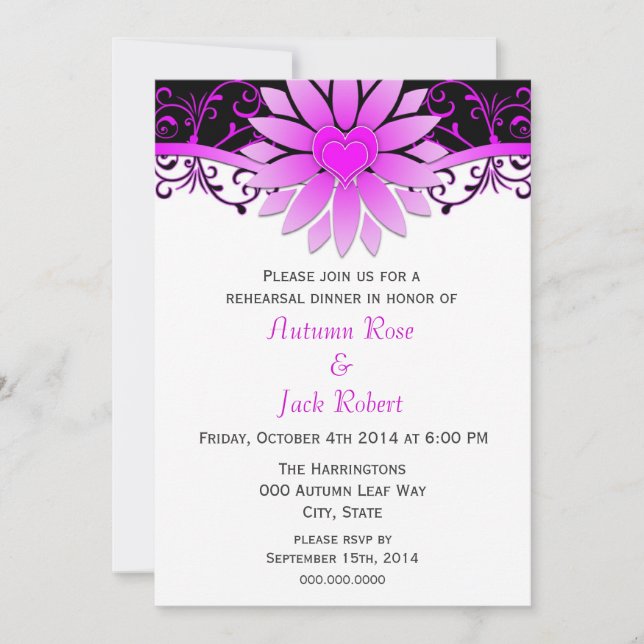 Majenta and Black Wedding Rehearsal Dinner Invitation (Front)