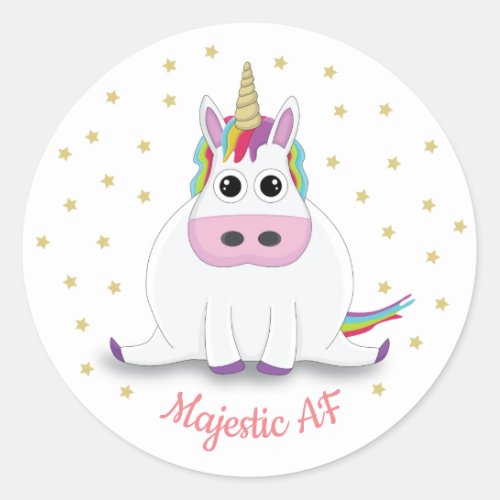 Majestic AF Cute chubby Unicorn and stars cartoon  Classic Round Sticker