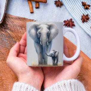Majestic African Elephant and Baby in Watercolor Coffee Mug