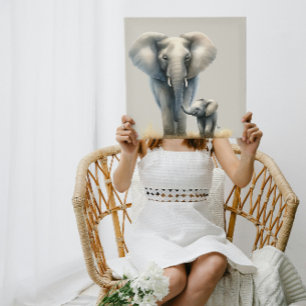 Majestic African Elephant and Baby in Watercolor Faux Canvas Print