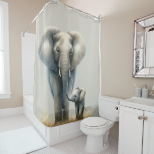 Majestic African Elephant and Baby in Watercolor Shower Curtain