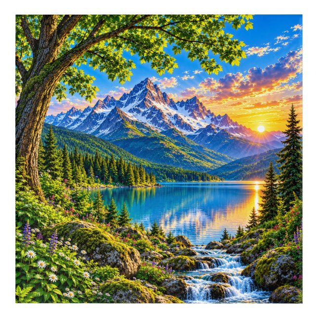 Majestic alpine mountain lake sunset landscape acrylic print featuring vivid mountain peaks and reflective lake scenery