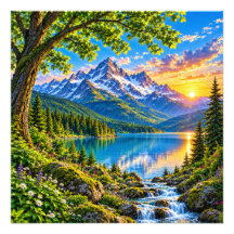 Majestic Alpine Mountain Lake Sunset Landscape Art