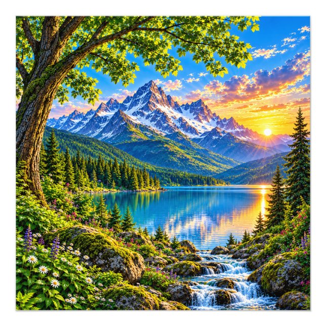 Majestic alpine mountain lake sunset landscape art photo print with snow-capped peaks, turquoise water, and golden sunset light