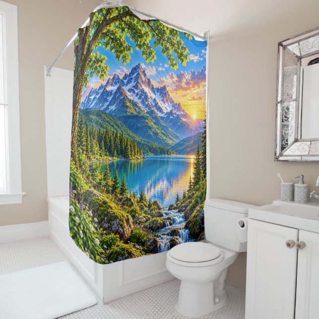 Majestic alpine mountain lake sunset landscape art shower curtain displayed in a bathroom setting