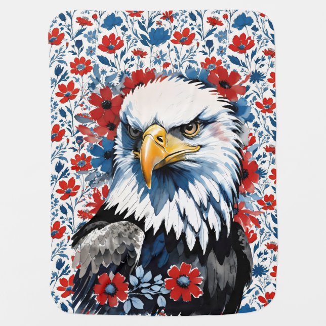 Majestic American Bald Eagle Floral Baby Blanket (Front)