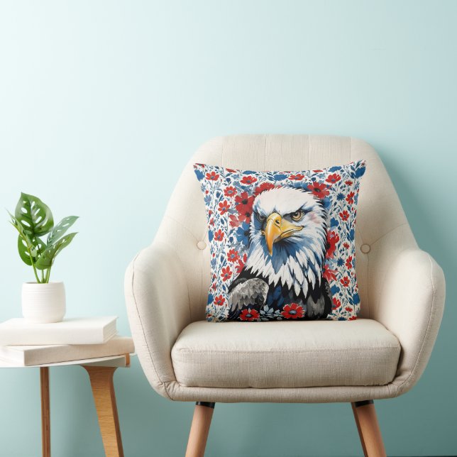 Majestic American Bald Eagle Floral Throw Pillow (Chair)