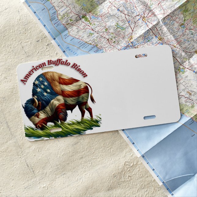 Majestic American Bison Illustrated Flag License Plate (In Situ)