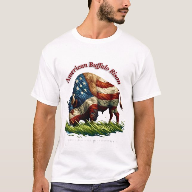 Majestic American Bison Illustrated Flag T-Shirt (Front)