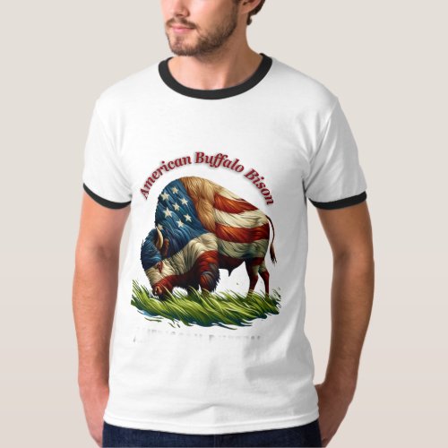 Majestic American Bison Illustrated Flag T_Shirt