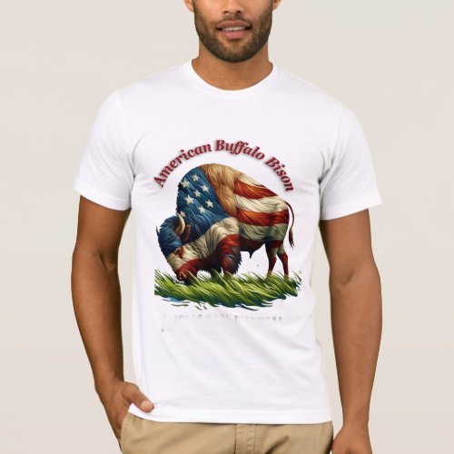 Majestic American Bison Illustrated Flag T_Shirt