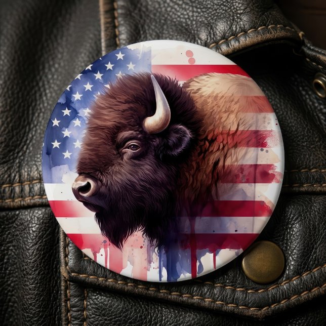 Majestic American Bison & Patriotic Flag Artwork Button (Majestic American Bison & Patriotic Flag Artwork. Button)