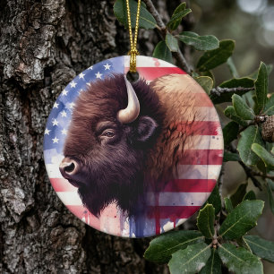 Majestic American Bison & Patriotic Flag Artwork Ceramic Ornament