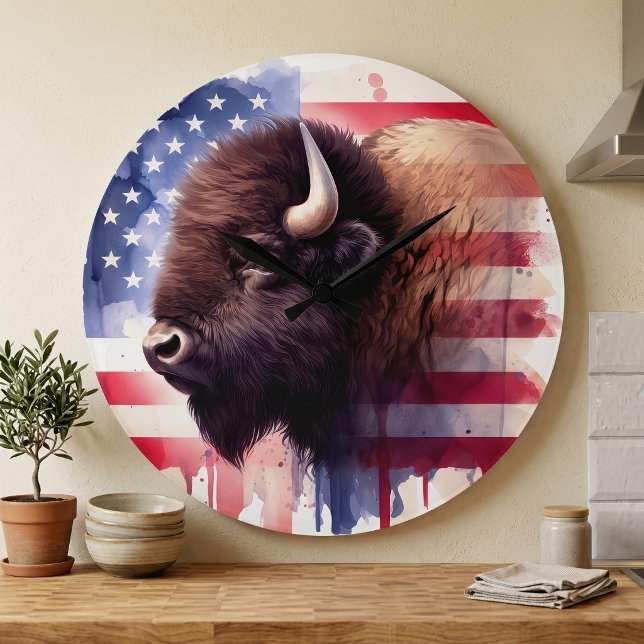Majestic American Bison & Patriotic Flag Artwork Large Clock (Majestic American Bison & Patriotic Flag Artwork. Large Clock)