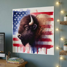 Majestic American Bison & Patriotic Flag Artwork