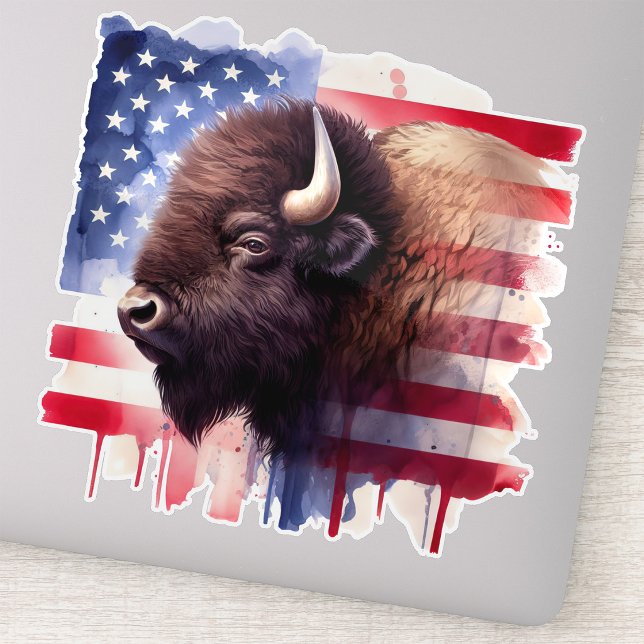 Majestic American Bison & Patriotic Flag Artwork Sticker (Majestic American Bison & Patriotic Flag Artwork. Sticker)