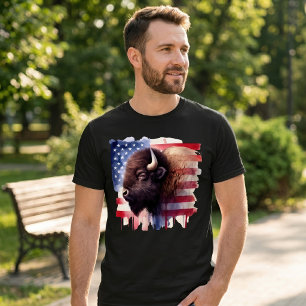 Majestic American Bison & Patriotic Flag Artwork T-Shirt