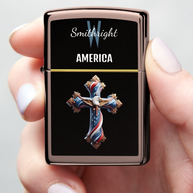 Majestic American Flag Cross With Soaring Eagle Zippo Lighter (In Hand)