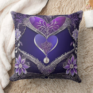 Majestic Amethyst Filigree Hearts & Silver Lace  Throw Pillow