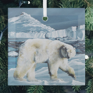 Majestic Arctic Polar Bear Blue Glaciers Icebergs Glass Ornament