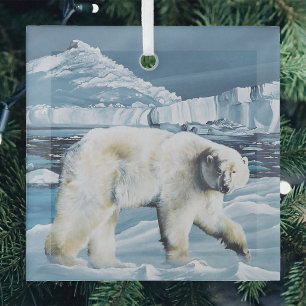Majestic Arctic Polar Bear Blue Glaciers Icebergs Glass Ornament