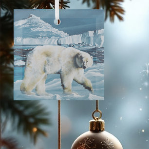 Majestic Arctic Polar Bear Blue Glaciers Icebergs Glass Ornament