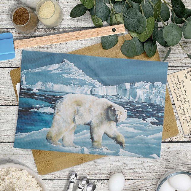 Majestic Arctic Polar Bear Blue Glaciers Icebergs Kitchen Towel (Creator Uploaded)