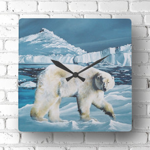 Majestic Arctic Polar Bear Blue Glaciers Icebergs Square Wall Clock