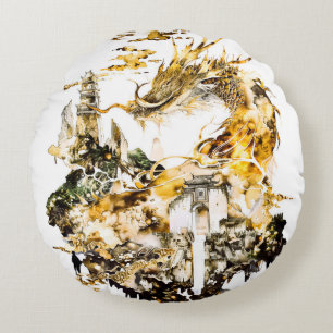Majestic Asian Mythology Dragon Temple Fantasy Round Pillow