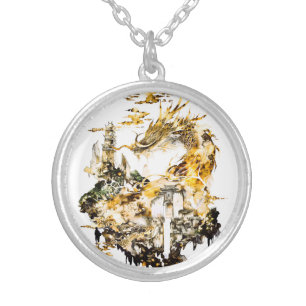 Majestic Asian Mythology Dragon Temple Fantasy Silver Plated Necklace