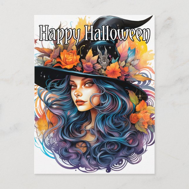 Majestic Autumn Witch Illustration Happy Halloween Postcard (Front)