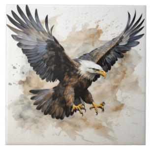 Majestic Bald Eagle in Flight, Watercolor Ceramic Tile