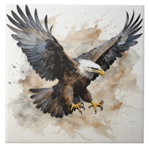 Majestic Bald Eagle in Flight Watercolor Ceramic Tile