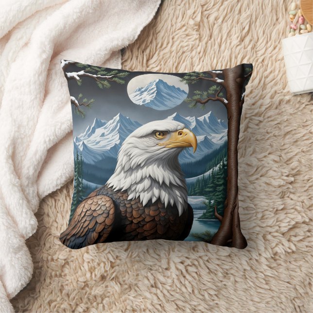 Majestic Bald Eagle in Snowy Mountain Landscape Throw Pillow (Blanket)