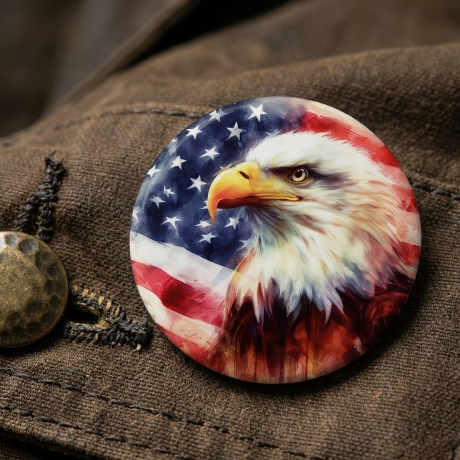 Majestic Bald Eagle Portrait with American Flag Button (Majestic Bald Eagle Portrait with American Flag. Button)