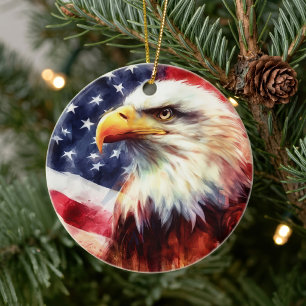 Majestic Bald Eagle Portrait with American Flag Ceramic Ornament